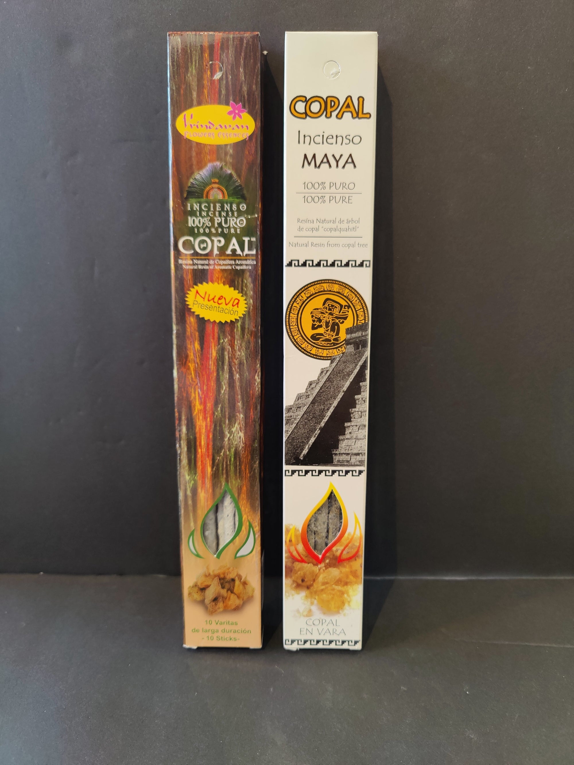 Copal Amber resin incense sticks in natural packaging, shown on wooden surface