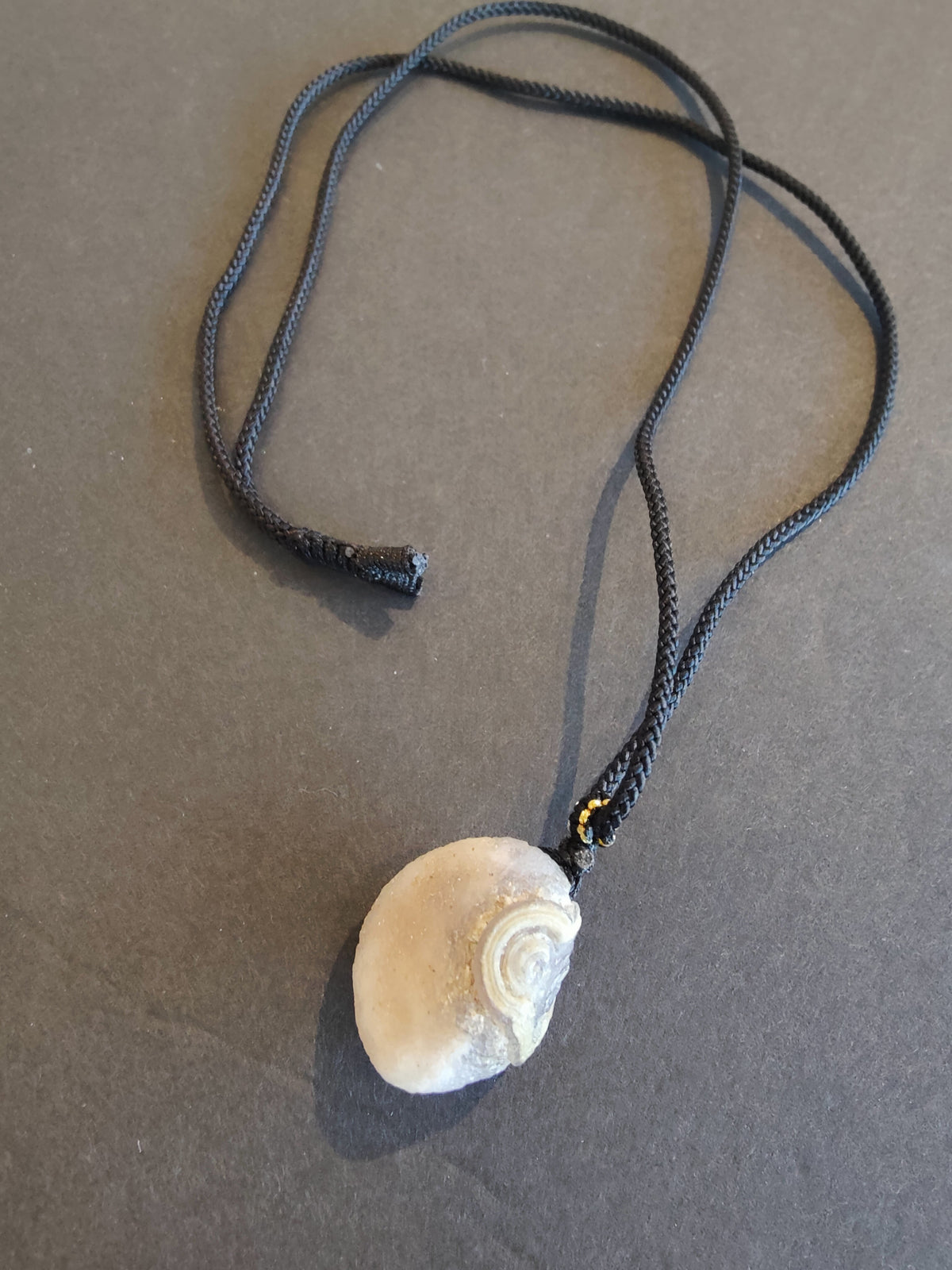 Light beige Gobi Desert Eye agate pendant with natural circular pattern, hanging from a simple black cord necklace against a plain dark gray surface.