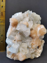 Cluster of translucent white and peach-colored apophyllite crystals with a ruler for scale against a dark background, showcasing cubic and tabular formations.