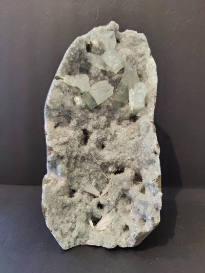 Green Apophyllite mineral specimen on green Chalcedony with Scolecite sprays