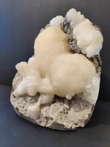 Creamy white stilbite crystals forming rounded clusters with translucent clear apophyllite on a rough, grayish matrix base against a black background.