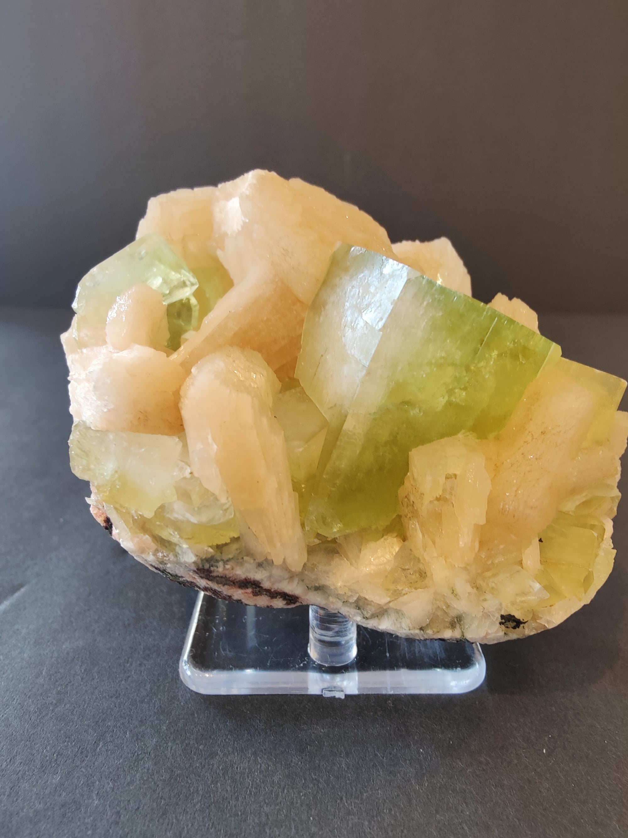 Green Apophyllite cubes with peach Stilbite mineral specimen on matrix