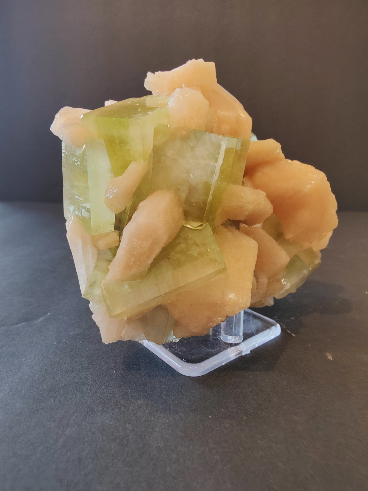 Cluster of translucent green apophyllite cubes intergrown with peach-colored stilbite crystals on a clear display stand against a dark background.