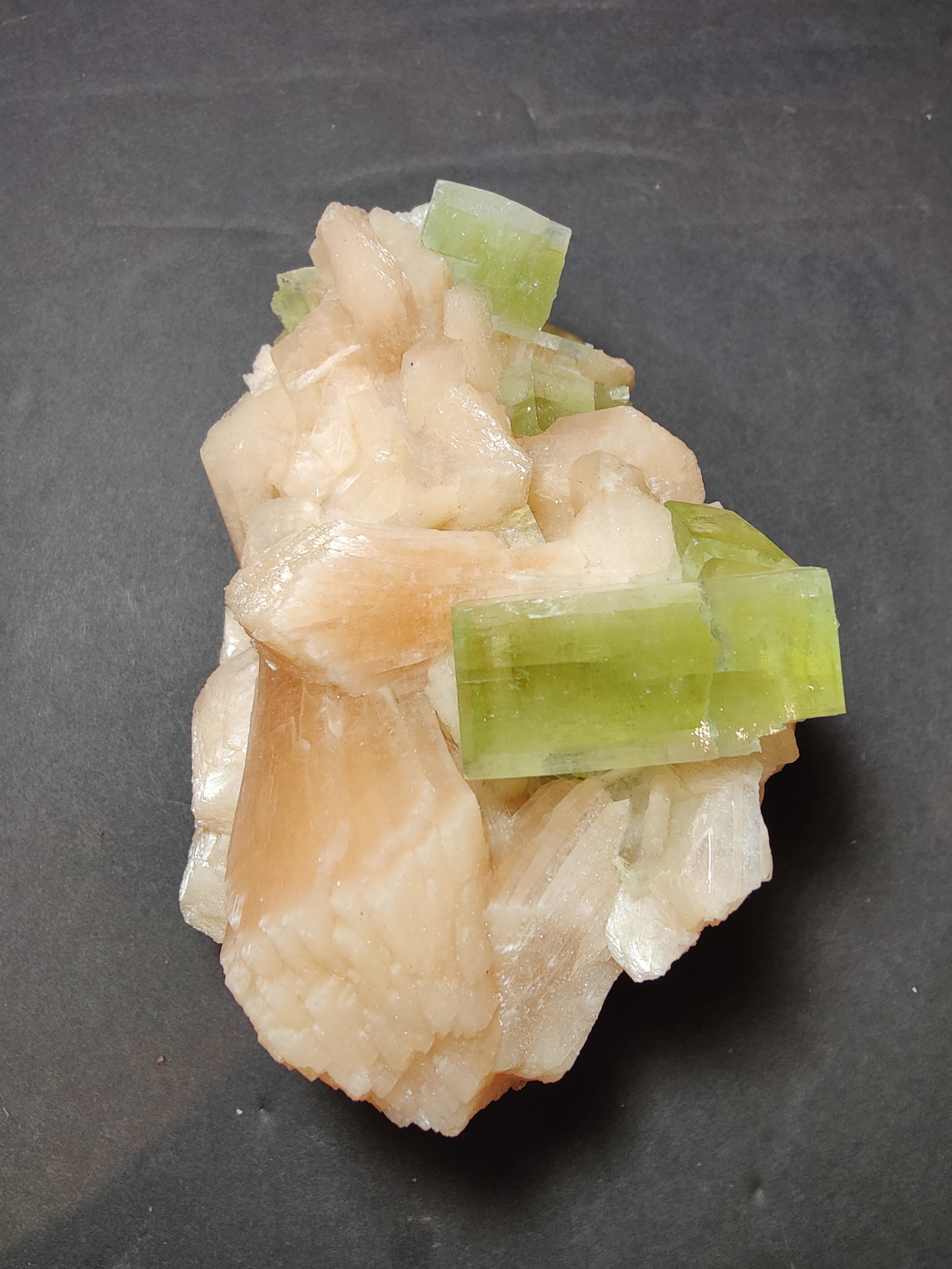 Green Apophyllite Cubes with Peach Stilbite Specimen 717g