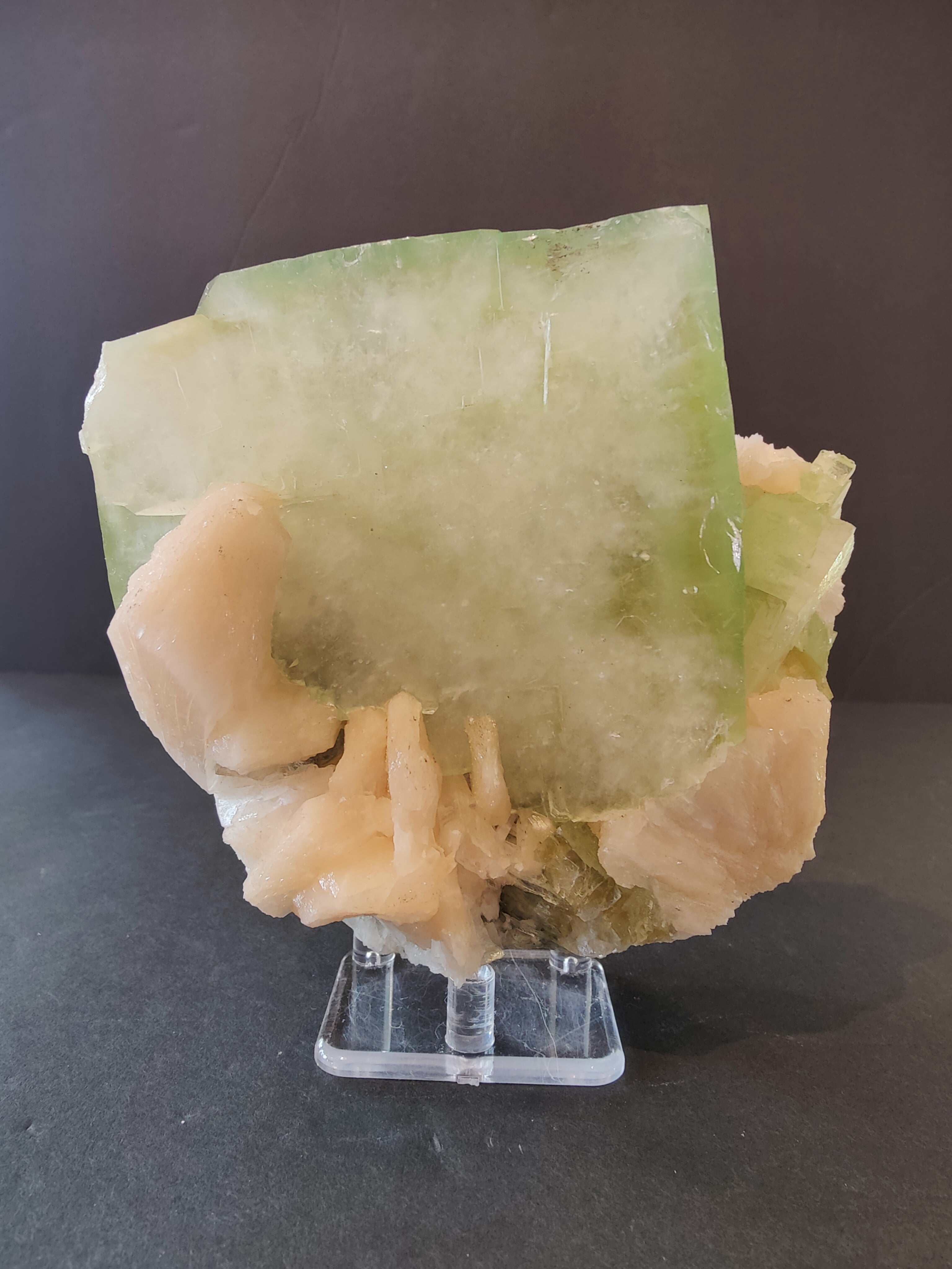 Large green Apophyllite cube with peach Stilbite on matrix from Nashik, India