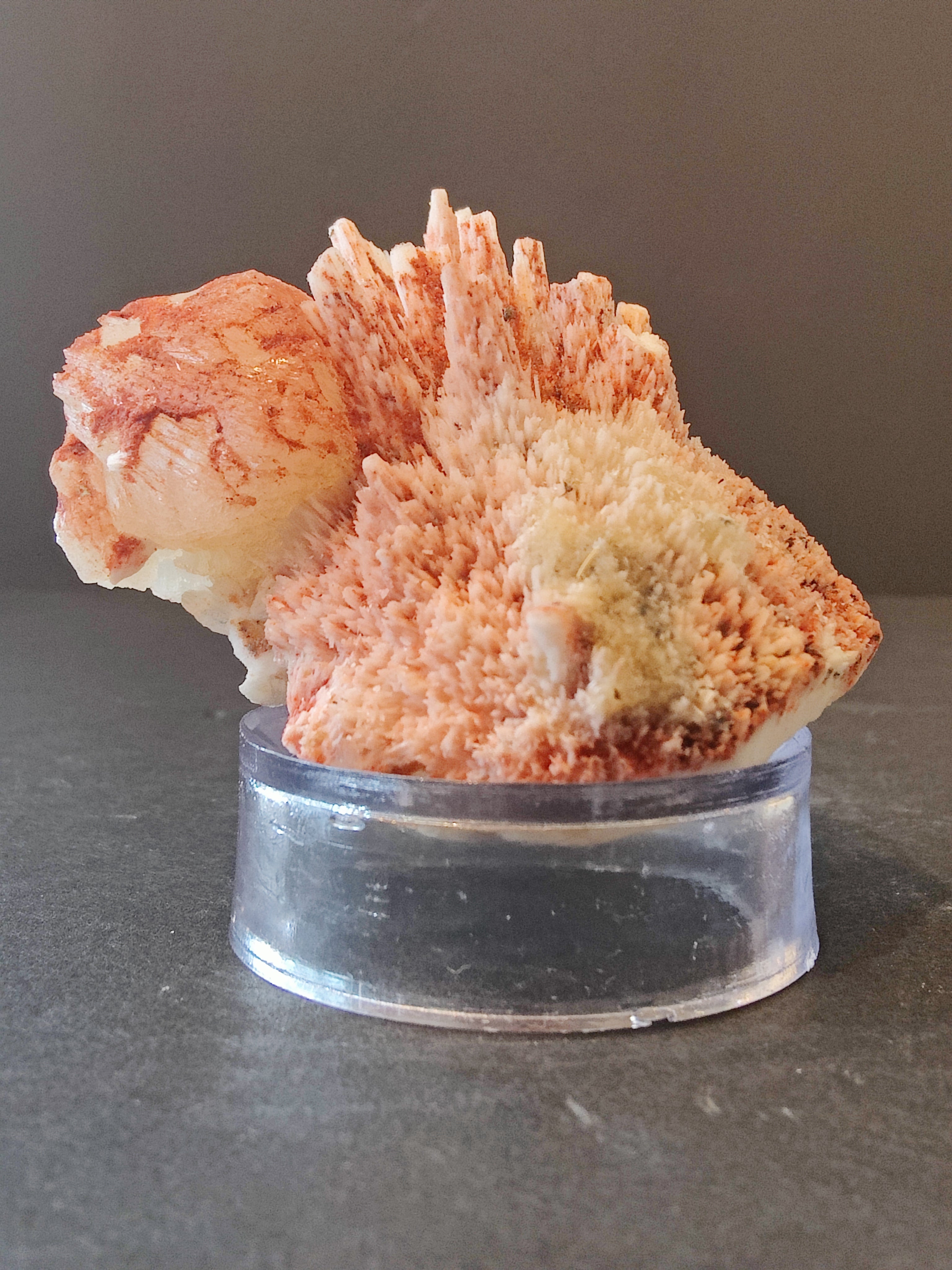 Red Mordenite with Stilbite mineral specimen showing red crystalline structures and matrix base