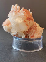 Cluster of translucent white stilbite crystals with red mordenite accents, displayed on a clear circular stand against a dark gray background.
