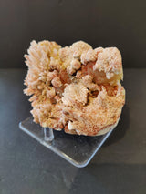 Red mordenite and beige stilbite mineral specimen with radial clusters and crystalline formations on a clear acrylic stand against a dark background.