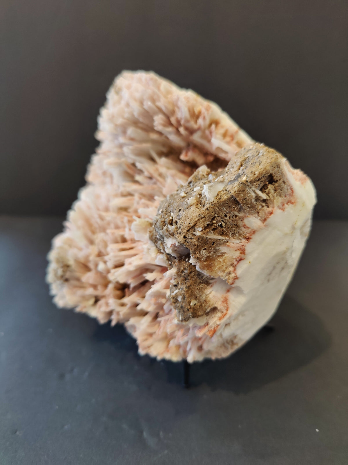 Pinkish cluster of stilbite crystals with rough beige and reddish mordenite mineral base on a black stand against a dark background.
