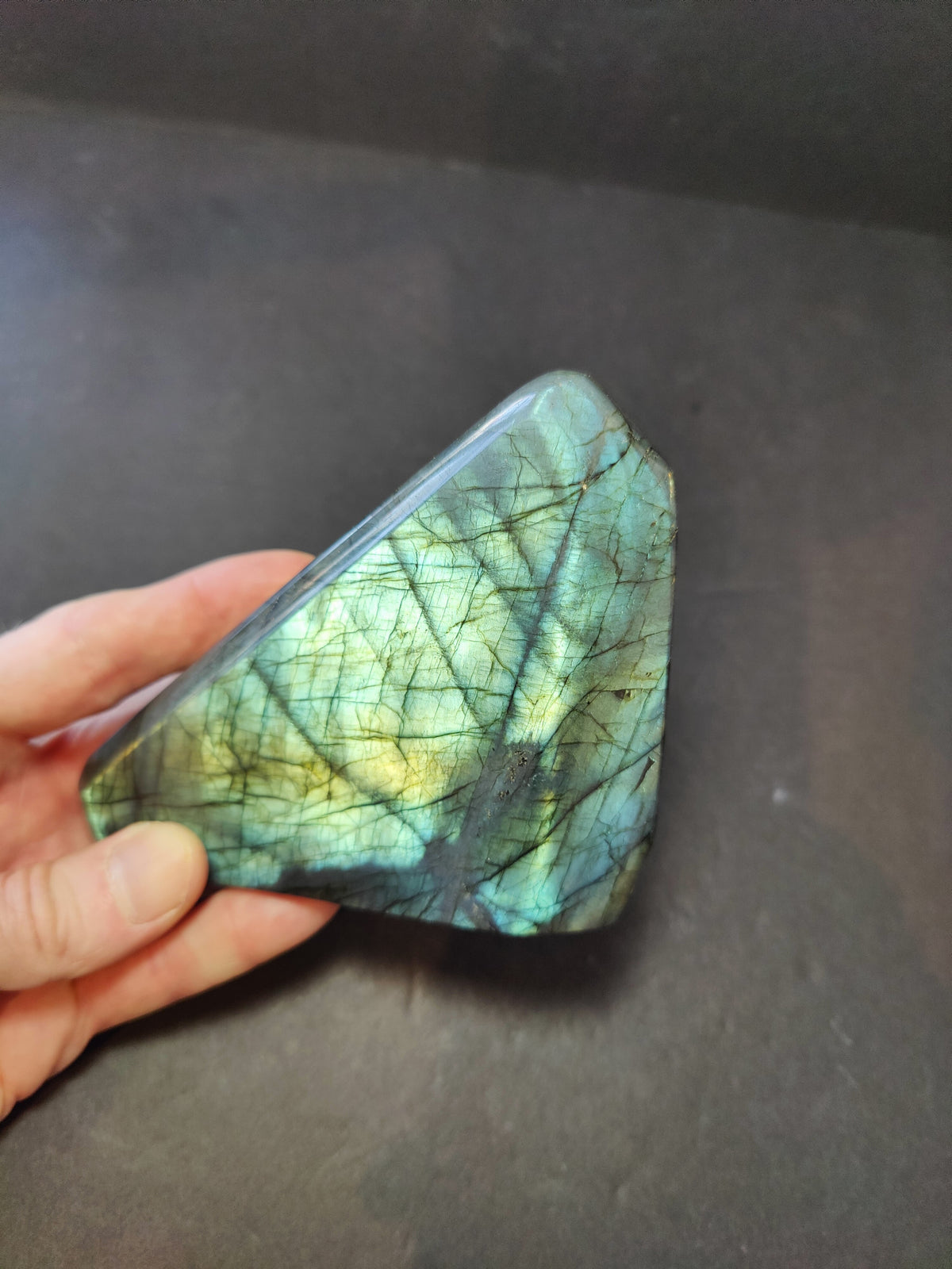 Polished labradorite free form sculpture showing iridescent green, blue, and yellow flashes with fine black veining, held against a dark background by a hand.