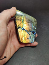 Hand holding a polished labradorite freeform sculpture displaying golden, blue, and green iridescent flashes with black veining on a dark background.
