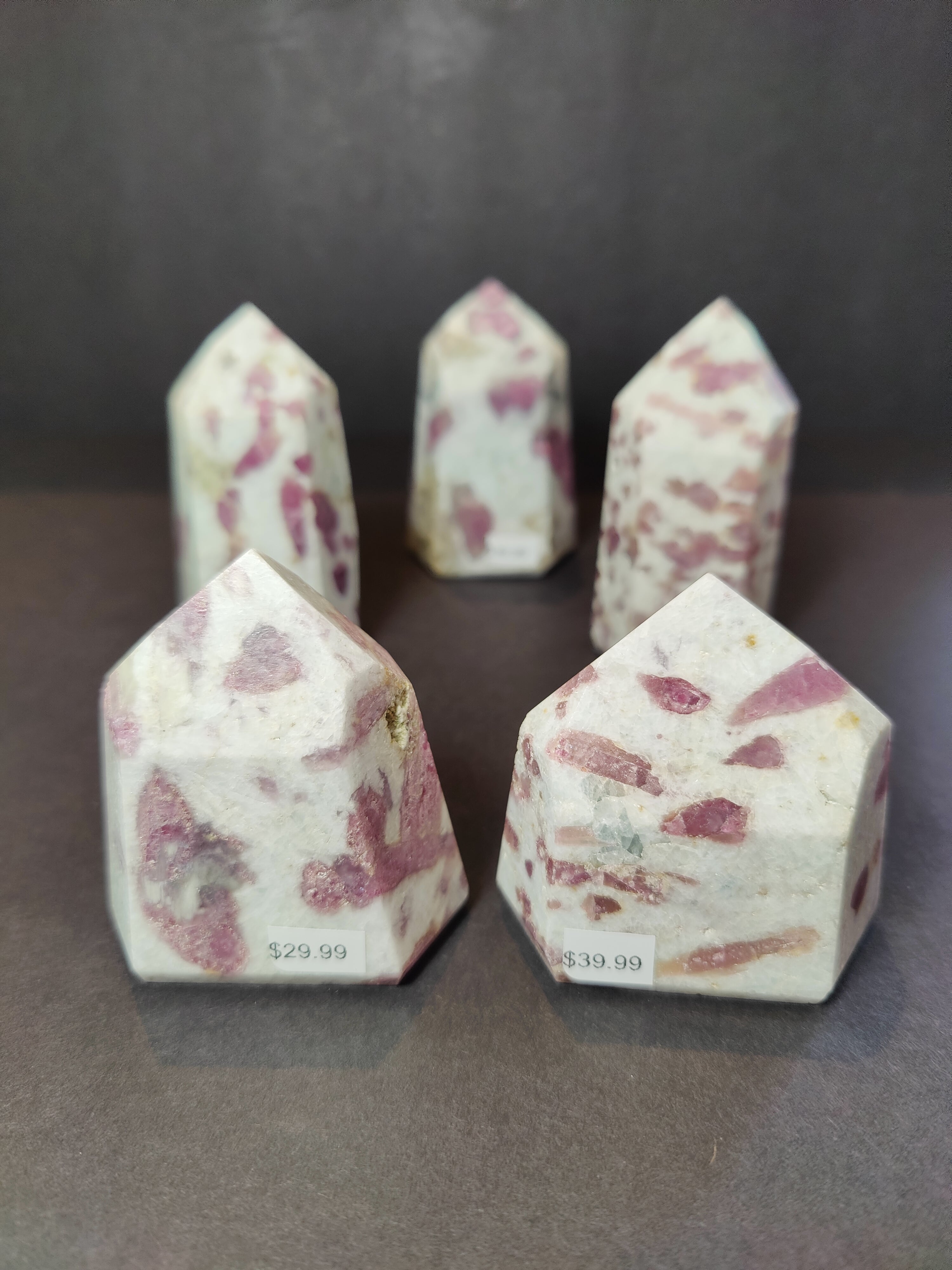 Polished Rubellite Pink Tourmaline in Quartz obelisk tower sculpture with visible pink crystal inclusions