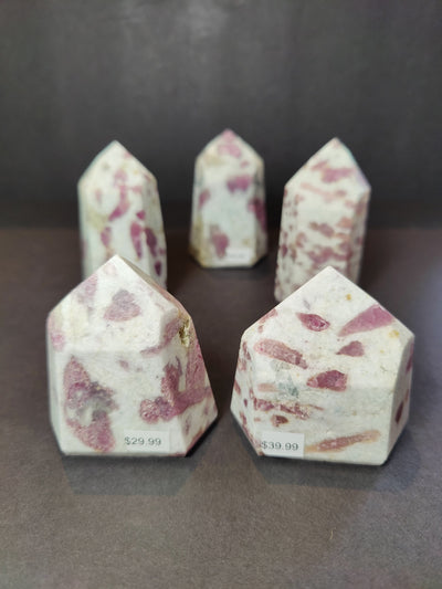 Polished Rubellite Pink Tourmaline in Quartz obelisk tower sculpture with visible pink crystal inclusions