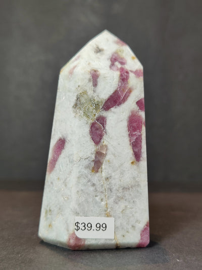 Rubellite (Pink Tourmaline) in Quartz Polished Obelisk Tower Sculpture
