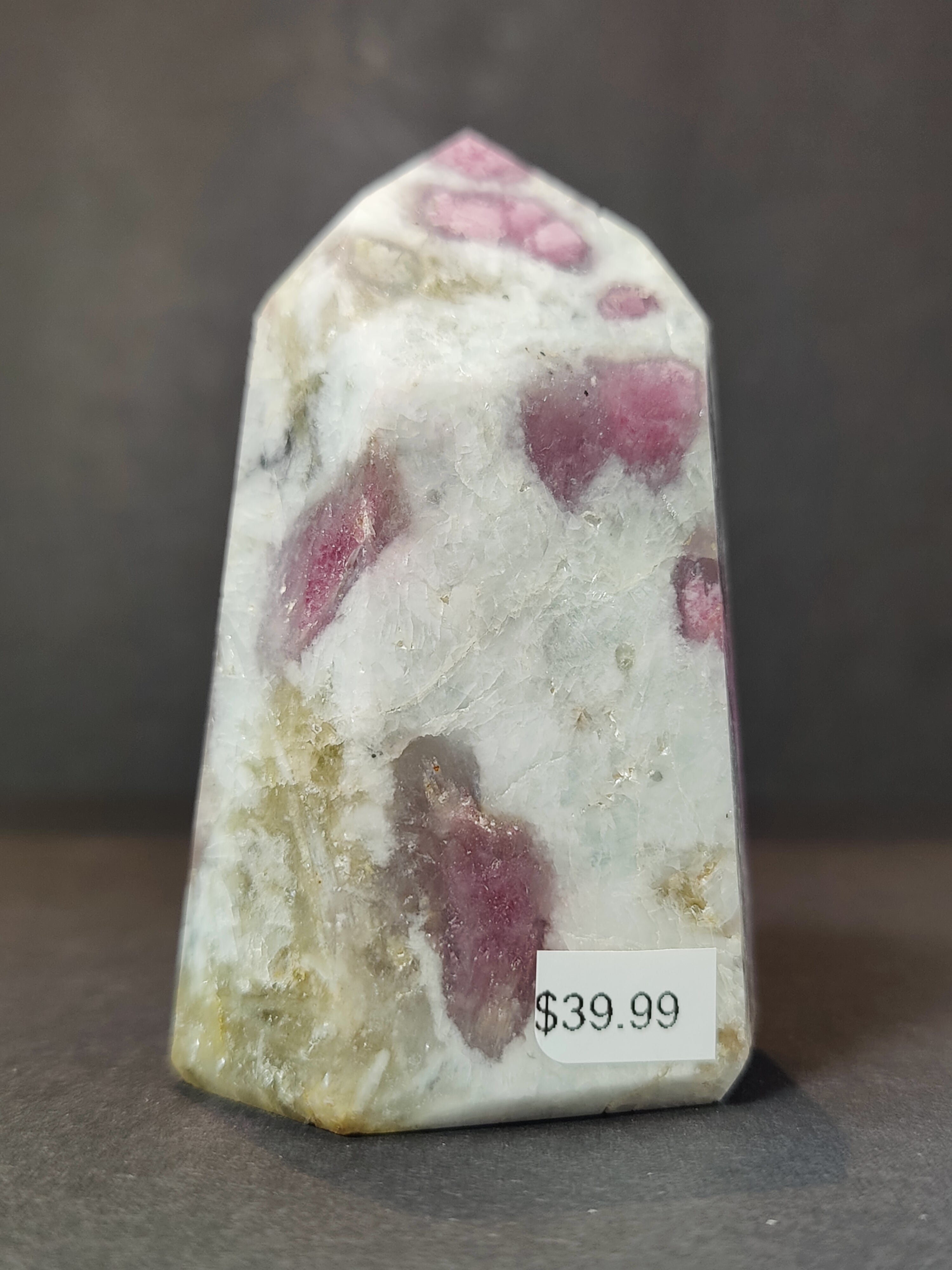 Rubellite (Pink Tourmaline) in Quartz Polished Obelisk Tower Sculpture