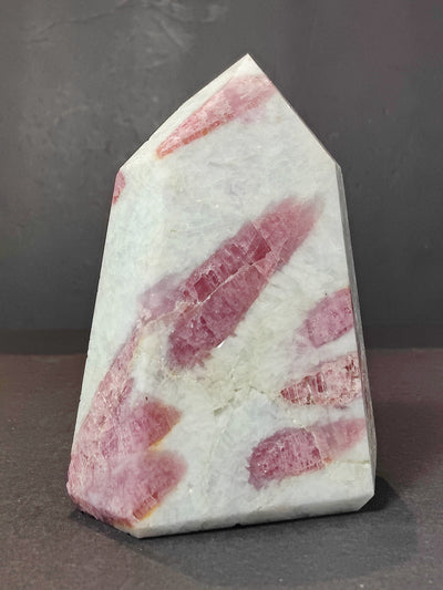 Rubellite (Pink Tourmaline) in Quartz Polished Obelisk Tower Sculpture