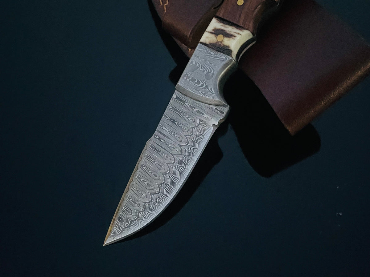 Fixed blade hunting knife with patterned Damascus steel blade and walnut and stag horn handle, resting on a brown leather sheath against a dark background.