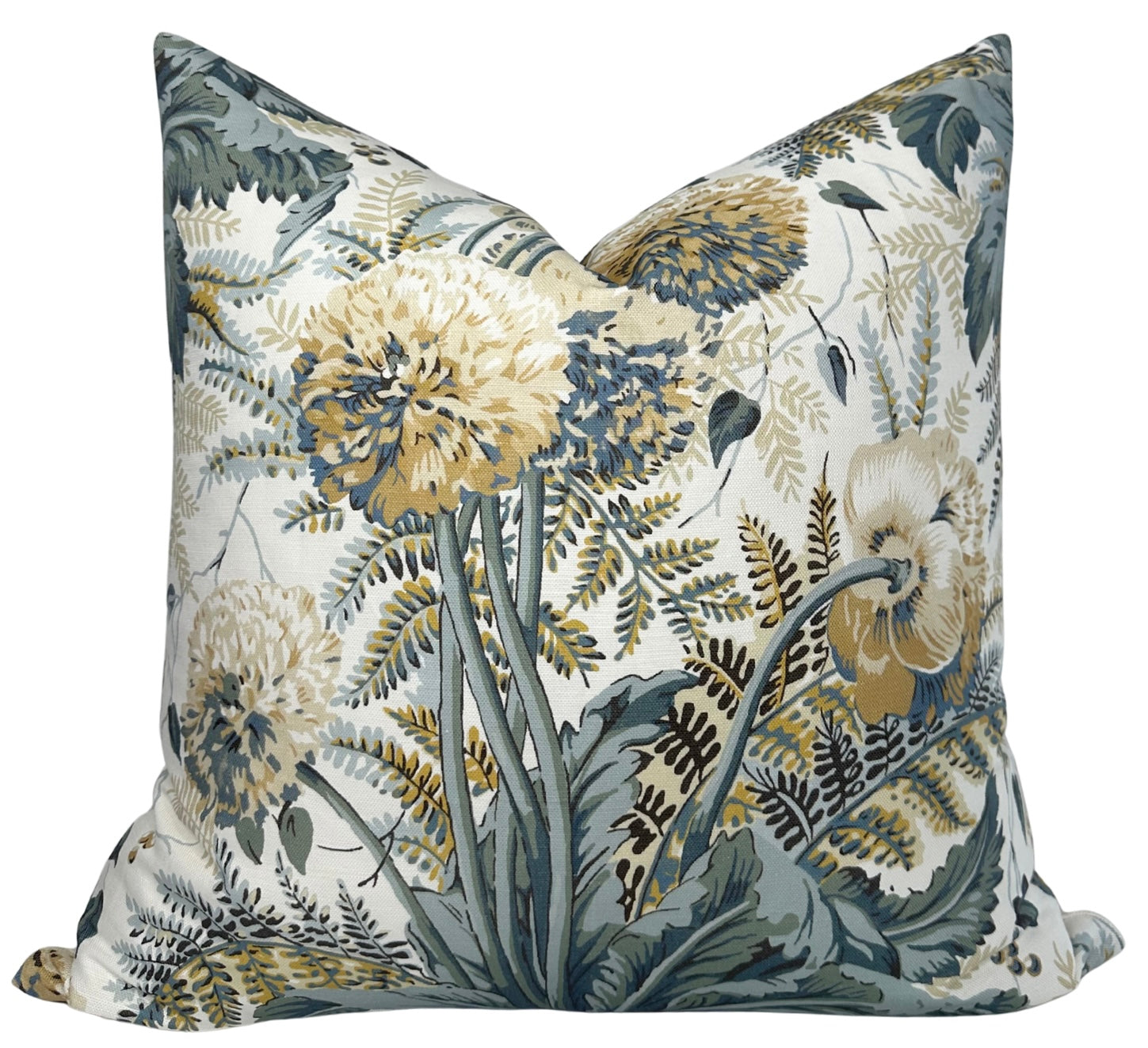 Dahlia Floral Pillow Cover in Soft Gold with ivory linen backing displayed on a chair