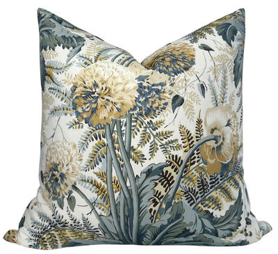 Dahlia Floral Pillow Cover in Soft Gold with ivory linen backing displayed on a chair