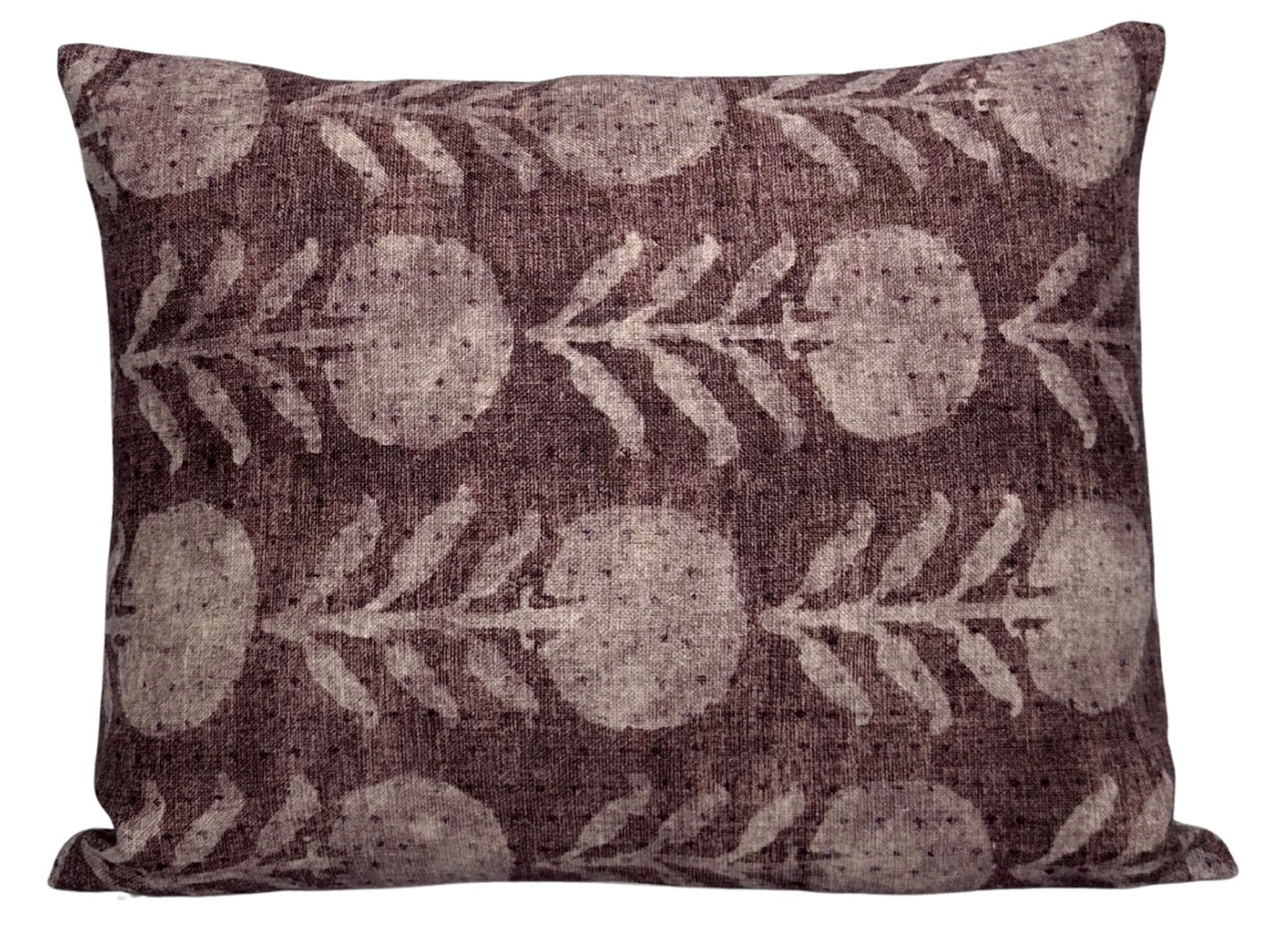 Zinnia Pillow Cover in Berry featuring floral print front and ivory linen back draped on sofa