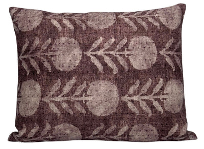 Zinnia Pillow Cover in Berry featuring floral print front and ivory linen back draped on sofa