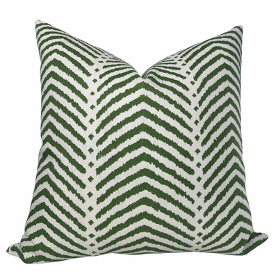 La Jolla Pillow Cover in Verde Green by DEKOWE showing front printed fabric and ivory backing