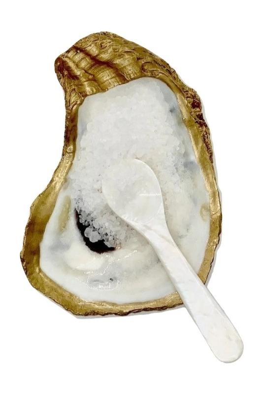 Oyster shell salt dish with 18k gold leafed edge and mother of pearl mini spoon