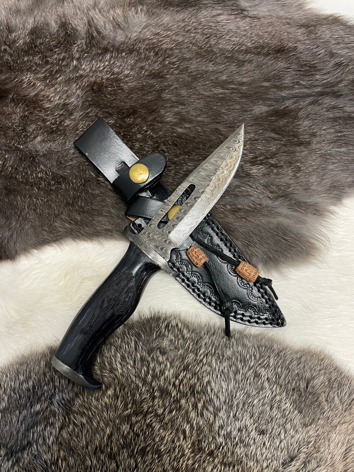 Lunar Guardian Damascus Knife TK-098 (Compact) showing blade and black diamond wood handle with wolf engraving