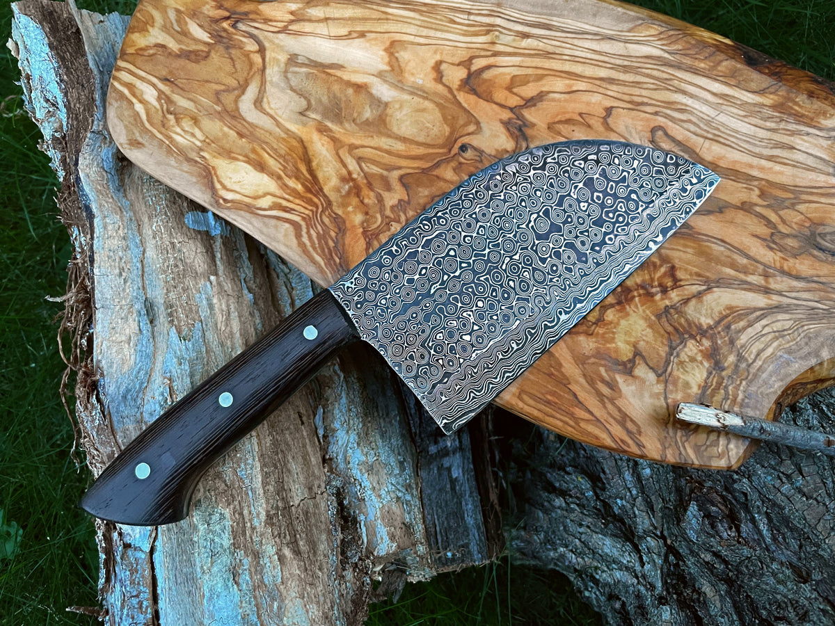 Damascus Steel Sheeptoe Cleaver TK-011 with patterned blade and wooden handle