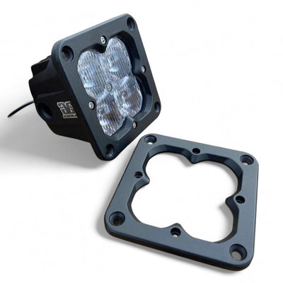 Race Pod Flush Mount Plate by GGLighting shown in several views, displaying square shape and mounting holes