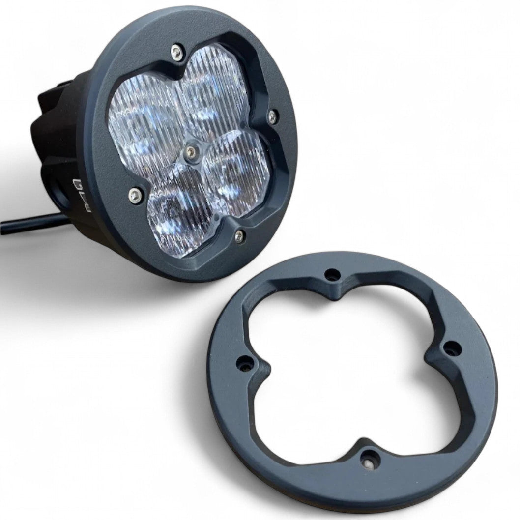 Round white Race Pod face plate shown from front and side angles