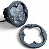 Round white Race Pod face plate shown from front and side angles