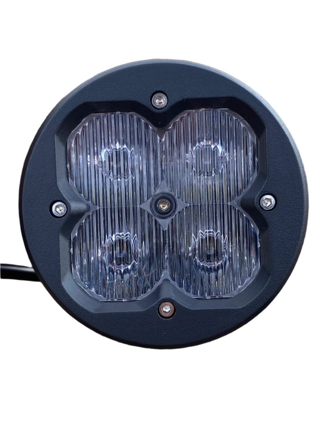 Round black race pod face plate featuring four clear, ribbed lenses arranged in a 2x2 grid secured by three visible screws.