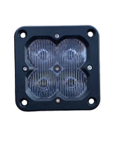 Square black flush mount plate with four clear circular LED lights arranged in a 2x2 grid and vertical ridges on each light cover.
