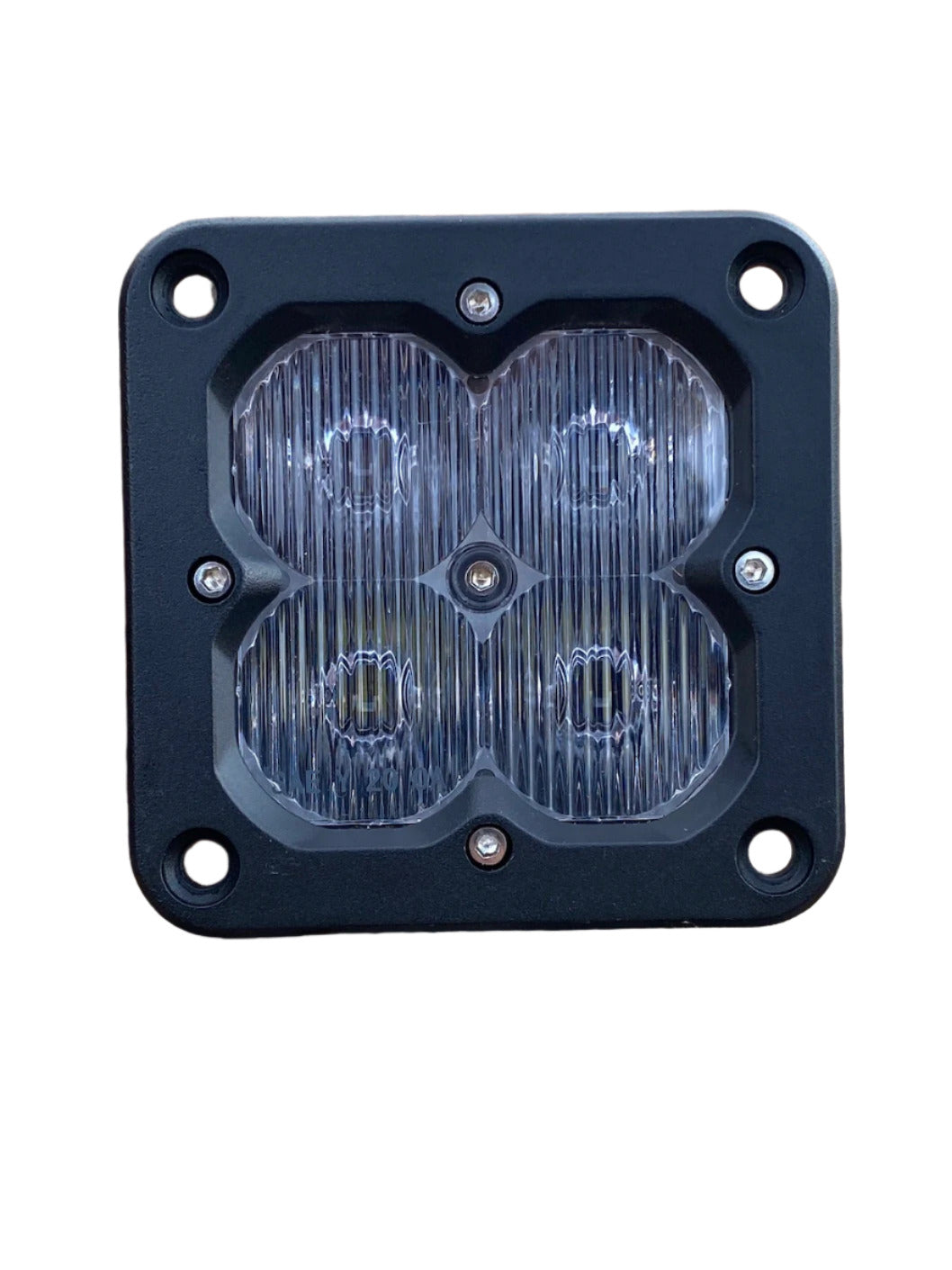 Square black flush mount plate with four clear circular LED lights arranged in a 2x2 grid and vertical ridges on each light cover.