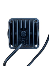 Square black Race Pod flush mount plate with vertical cooling fins, visible screw, and a thick black cable extending from the center bottom edge.