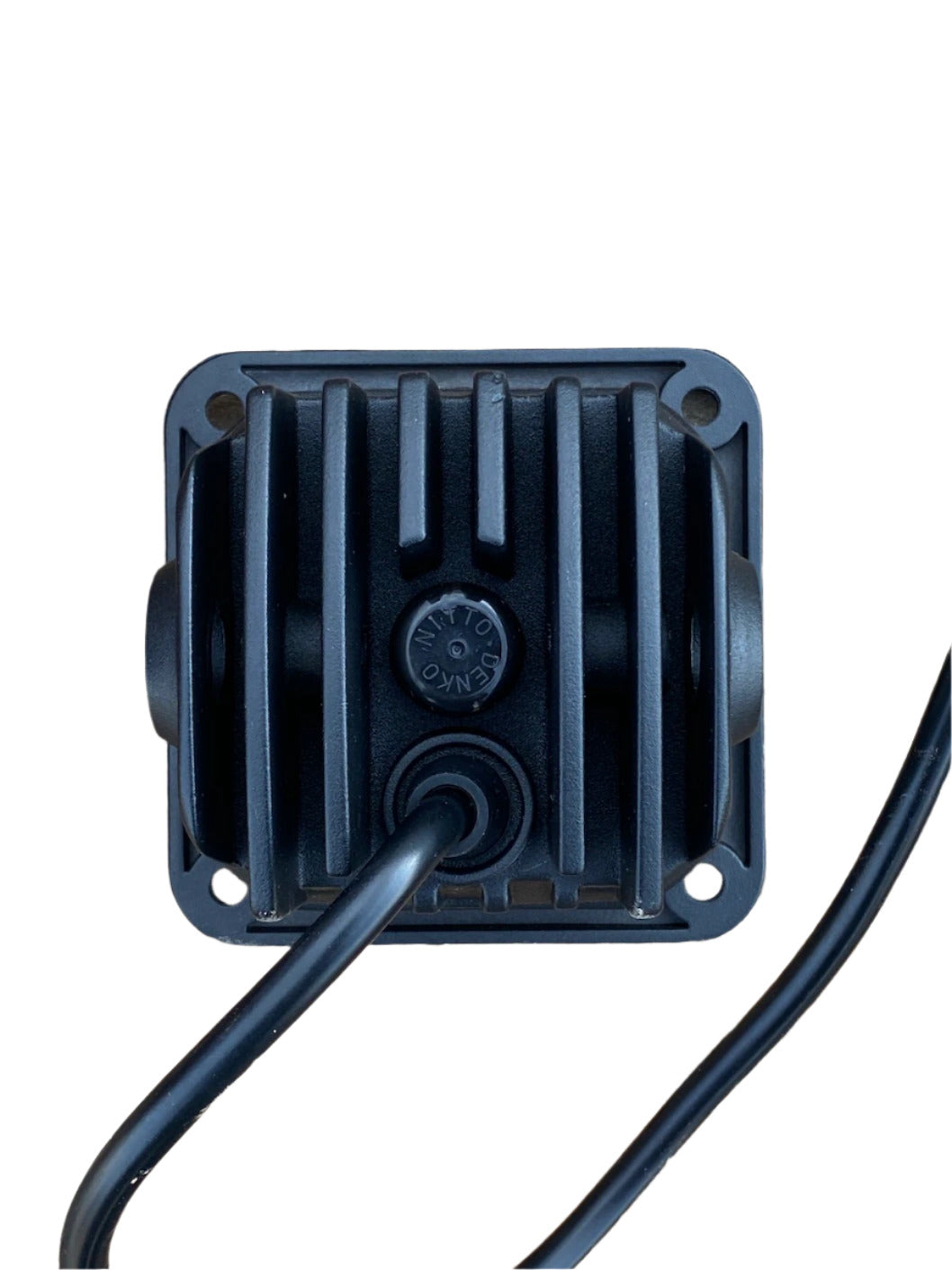Square black Race Pod flush mount plate with vertical cooling fins, visible screw, and a thick black cable extending from the center bottom edge.