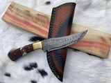CUSTOM HANDMADE FORGED DAMASCUS STEEL HUNTING KNIFE with black walnut and stag horn handle scales