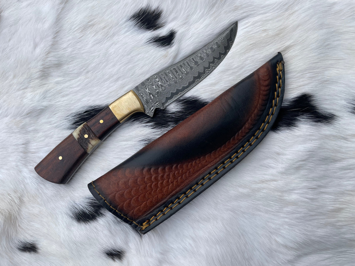 Forged Damascus steel hunting knife with patterned blade, black walnut and stag horn handle scales, displayed beside a dark brown stitched leather sheath on white fur.