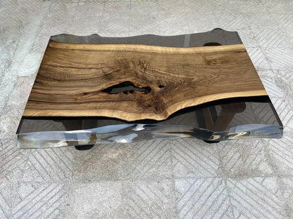 Epoxy live edge coffee table with natural walnut wood and wooden U-shaped legs