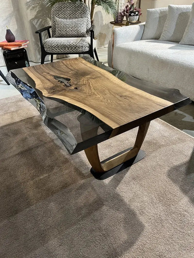 Epoxy live edge coffee table with natural walnut wood and wooden U-shaped legs