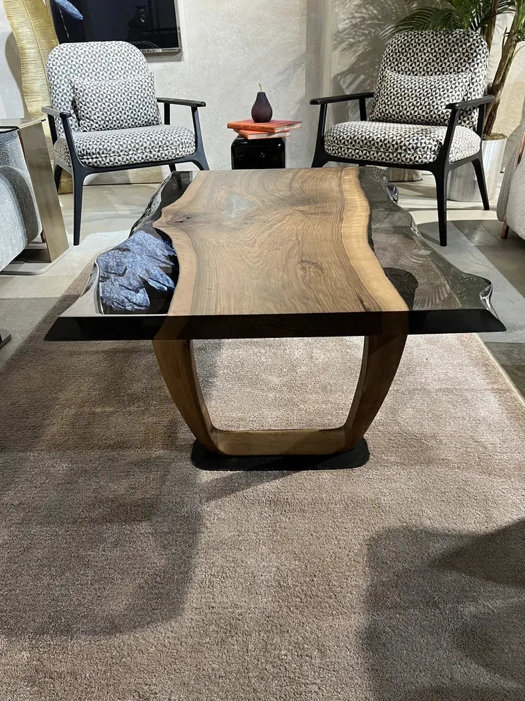 Epoxy live edge coffee table with natural walnut wood and wooden U-shaped legs