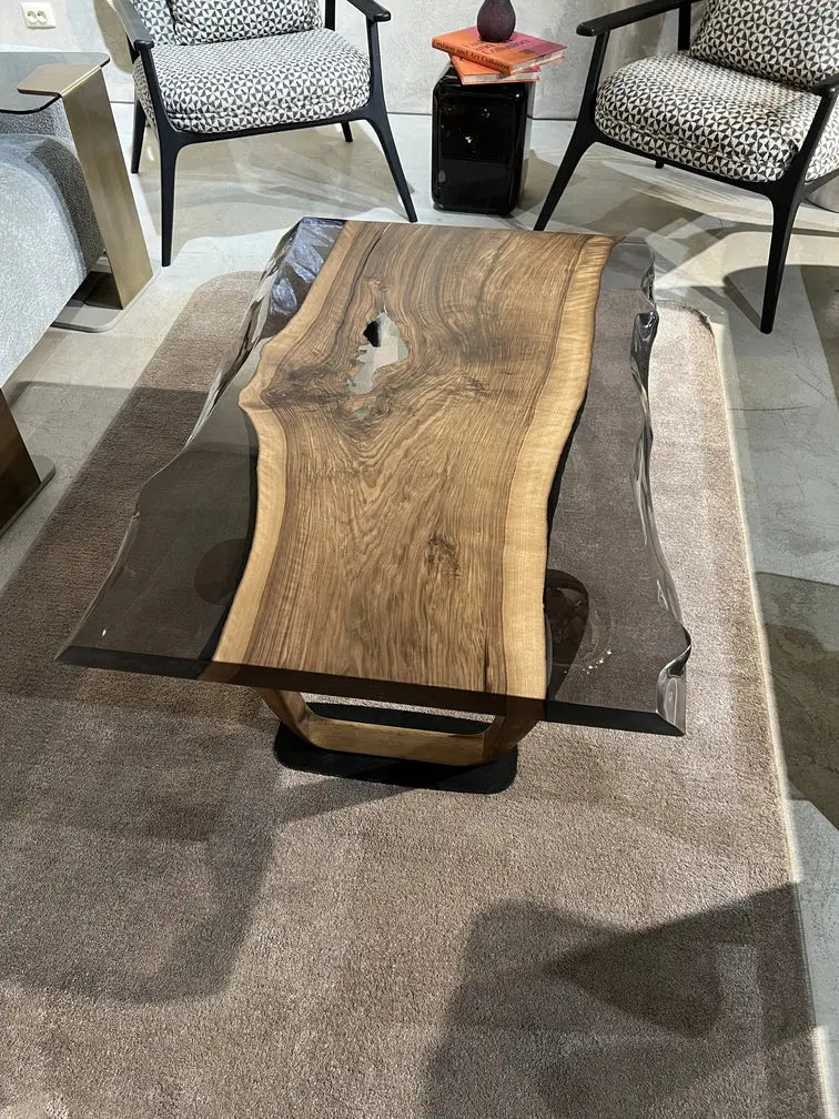 Epoxy live edge coffee table with natural walnut wood and wooden U-shaped legs