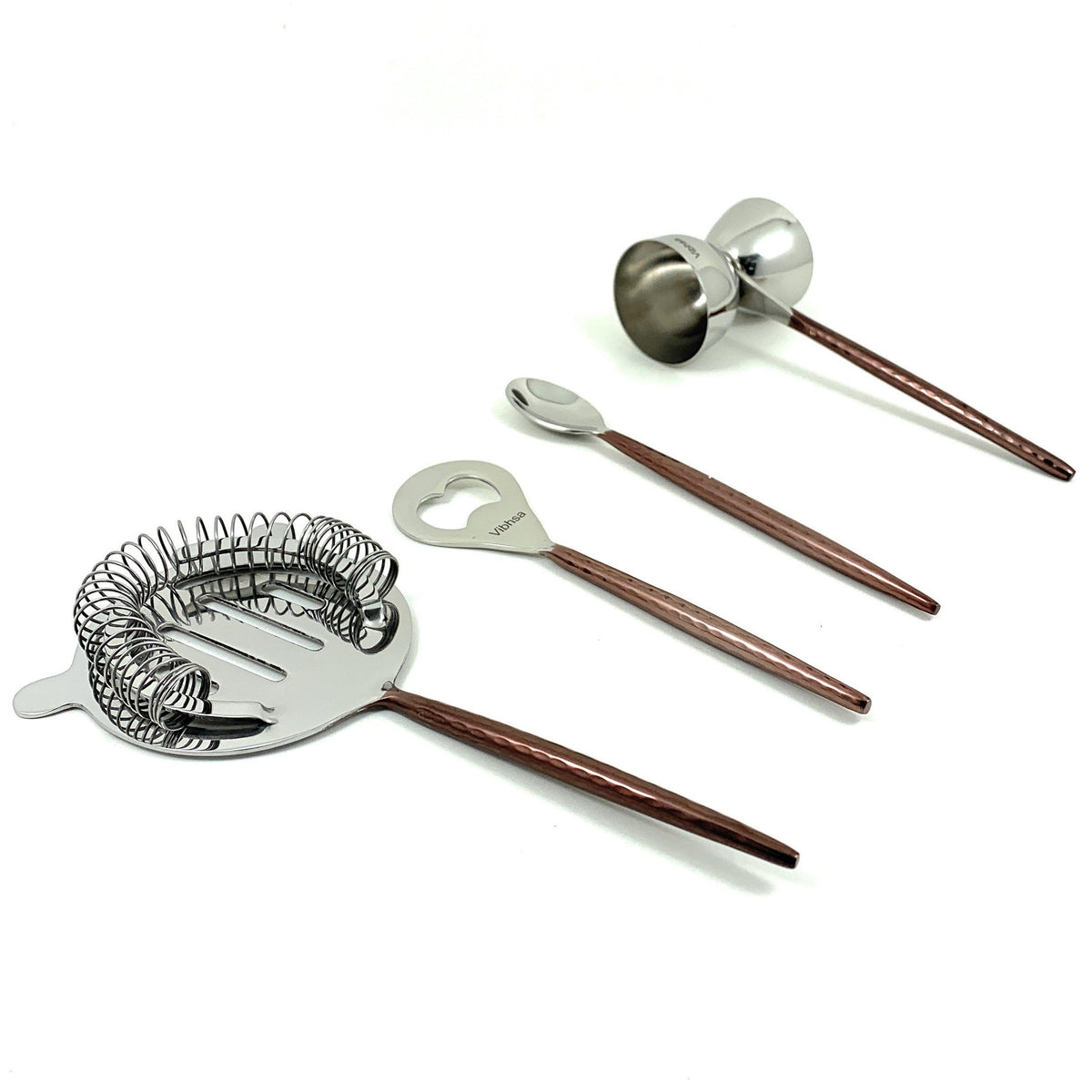 Vibhsa copper hammered bartending kit set of 4 with flat opener, jigger, stirring spoon, and martini shaker on neutral background