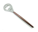 Copper hammered long handle bar bottle opener with a silver open-heart shaped head engraved with the word 'Vibhsa'