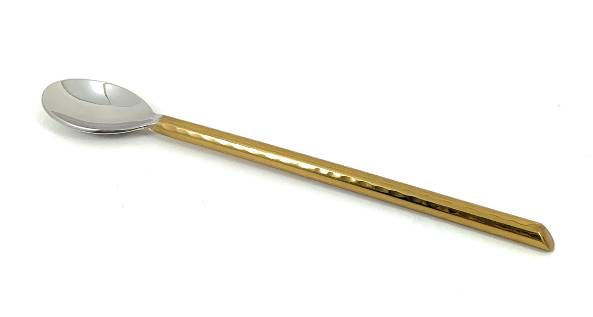 Long bar spoon with a hammered gold-toned handle and a polished silver-toned round spoon bowl, shown against a white background.