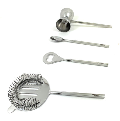 Vibhsa Silver Bar Tools Bartending Kit laid out with stirrer, jigger, martini shaker and opener