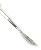 Silver-toned stainless steel bar spoon with a twisted handle and a slightly curved, flat-end scoop shown against a white background.