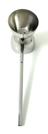 Silver stainless steel jigger measuring tool with two differently sized conical cups connected at the narrow middle, photographed from an angled top view on white background.