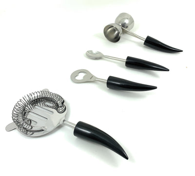 Vibhsa Bar Tools & Bartending Kit set of 4 in black with horn-shaped resin handles, displayed on black and grey surface